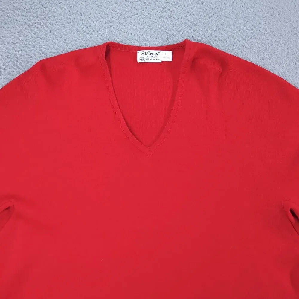 Vintage St. Croix Sweater Mens Large Red Merino Wool Knitted Long Sleeve V Neck